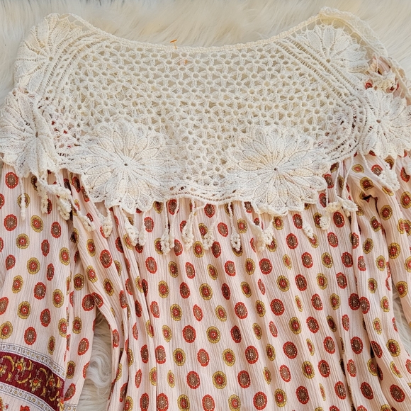 Tassels Lace Dress Cream Orange Paisley Boho Long Sleeve Crochet Peasant Neck S - Picture 8 of 10